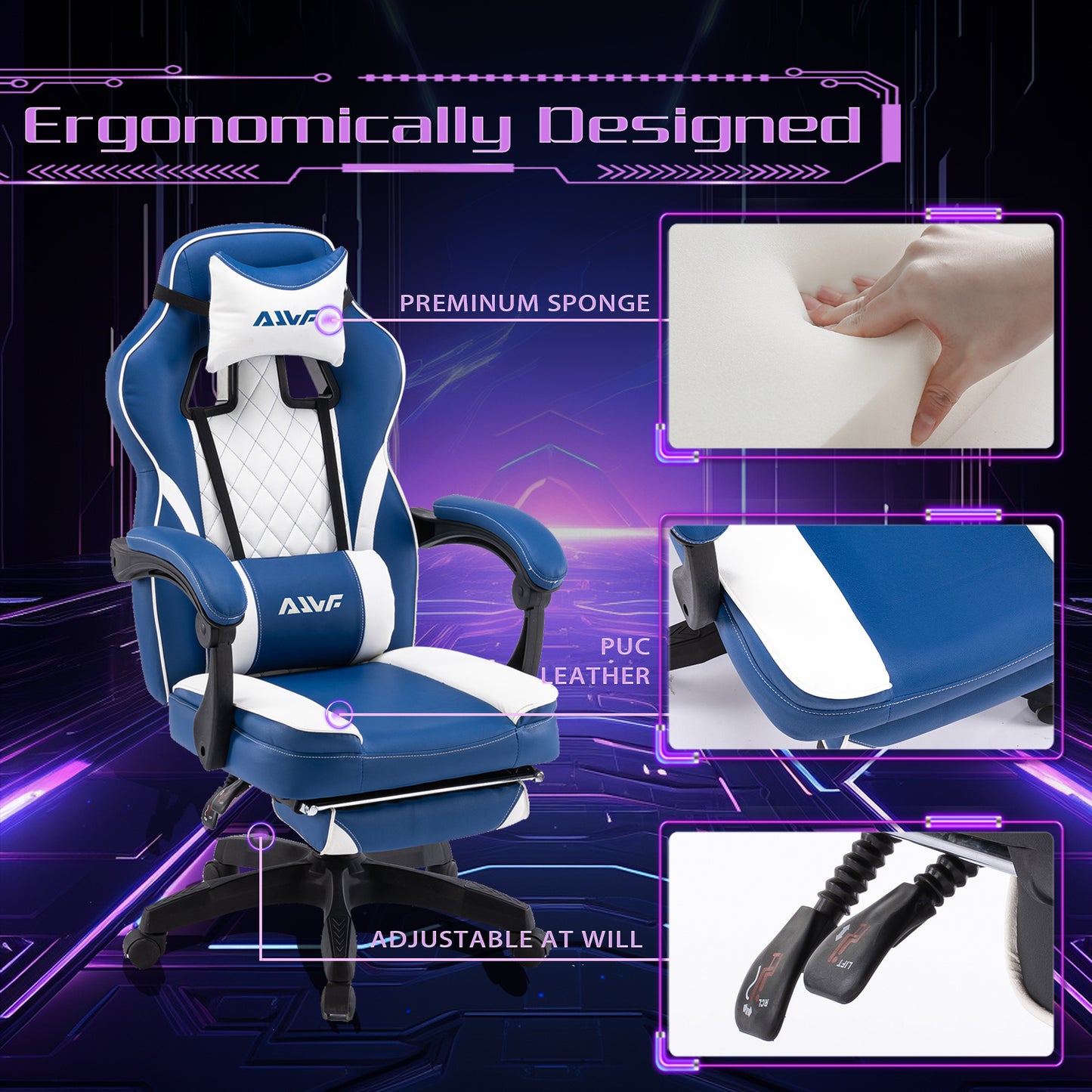Gamestoel – Gamingstoel – Gaming Chair – Bureaustoel – Game Stoel – Verstelbare Voetensteun – Ergonomische Lendensteun – PU Leer – 360° Draaibaar – Stevig Metaal – Khaki/Wit