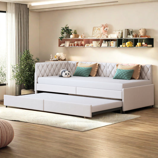 Slaapbank – 2-Zits Bedbank – Uitklapbare Bank – Gigogne Bed – Banquette Bed – Beige Velvet – 90x200 cm – Stevig Houten Frame