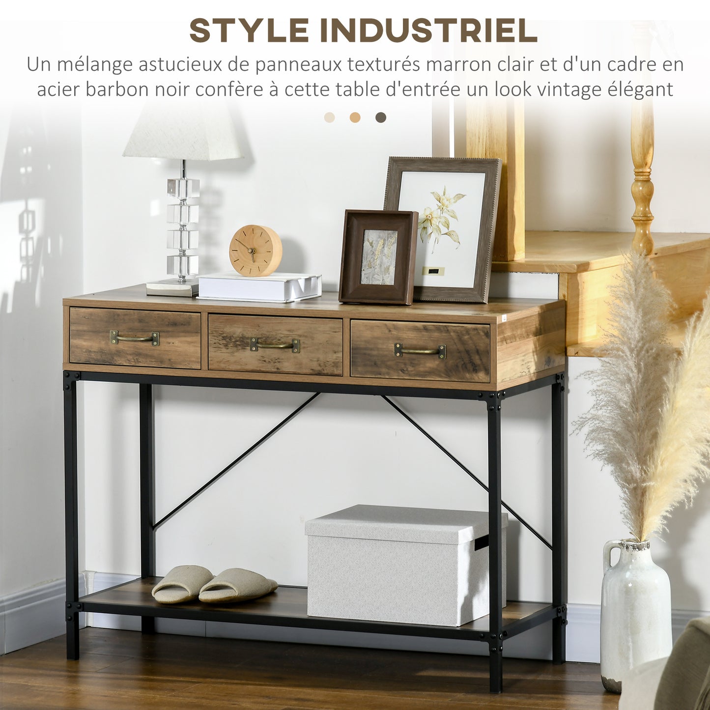 HOMCOM Console Table, Entryway Table, Sofa End Table, Carbon Steel Frame, Easy Assembly, with 3 Drawers And 1 Wooden Top, Industrial Design, 100 X 35 X 76.5 Cm, Light Brown