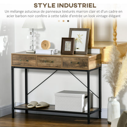 HOMCOM Console Table, Entryway Table, Sofa End Table, Carbon Steel Frame, Easy Assembly, with 3 Drawers And 1 Wooden Top, Industrial Design, 100 X 35 X 76.5 Cm, Light Brown