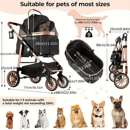 Hondenbuggy – Dierenwagen – Hondenwagen – Huisdierenwagen – Wandelwagen – 4-in-1 Multifunctioneel – Stevig Carbon Stalen Frame – Geschikt Tot 25 kg – Champagne Goud / Grijs