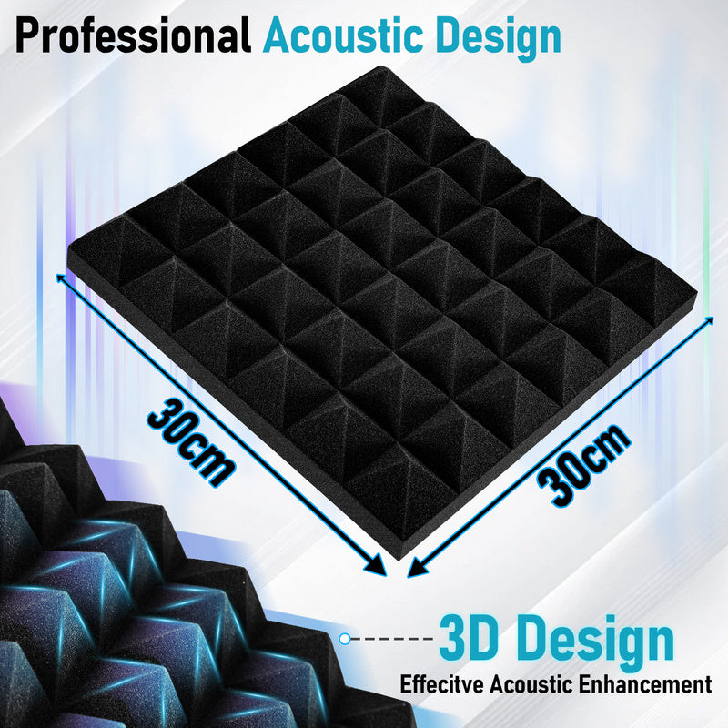 Geluidsisolatiepanelen – Akoestische Panelen – Wandpanelen – Zelfklevende Geluidsabsorberende Platen – Geluidsdemping – 24 Stuks – Pyramid Vorm – 30x30x5 cm – Zwart – Hoge Geluidsabsorptie