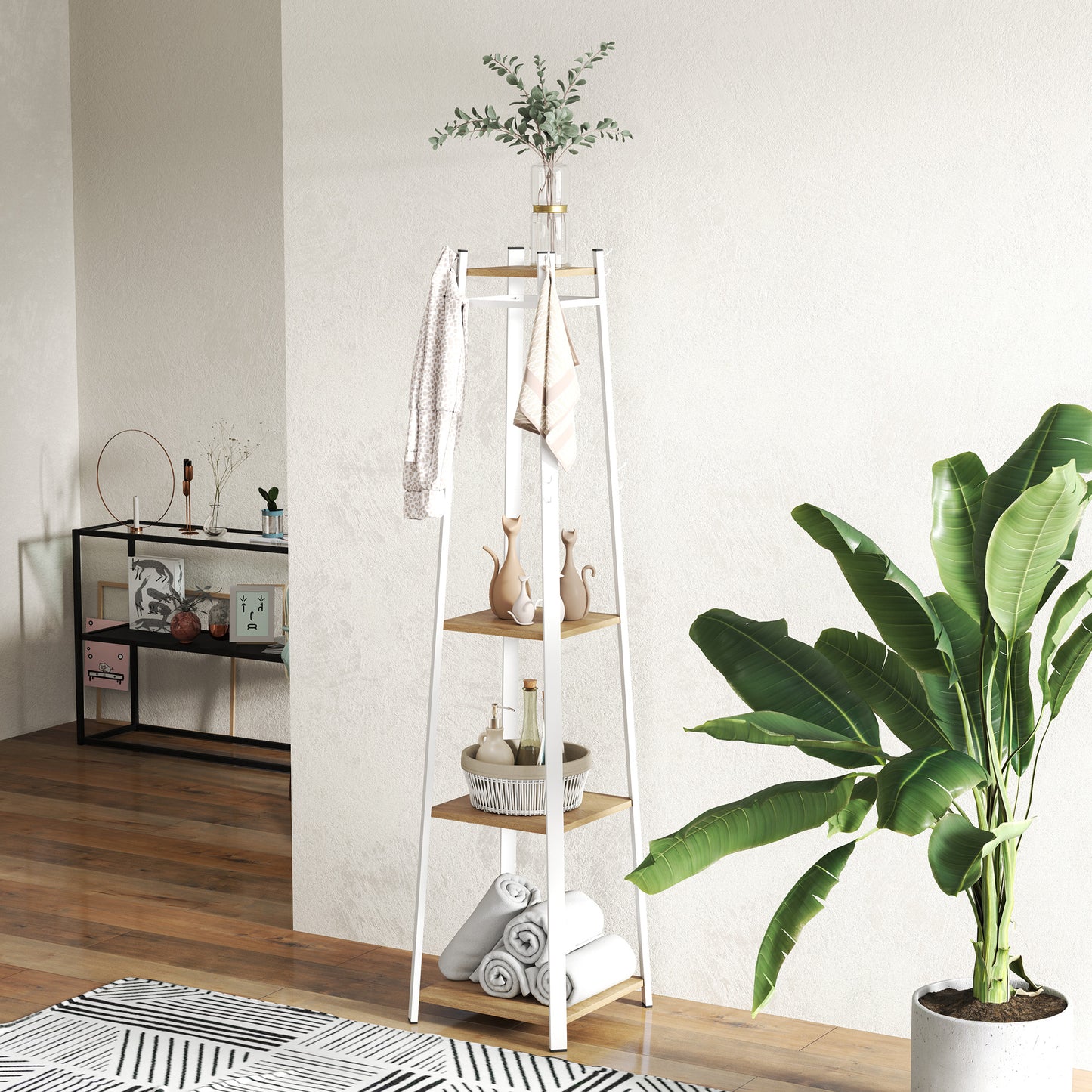 Kapstok – Kledingrek – Garderoberek – Jashenrek – Opberger – Trapeziumvormig Design – 8 Dubbele Haken – 3 Legplanken – Staal Wit Met Eikenkleur