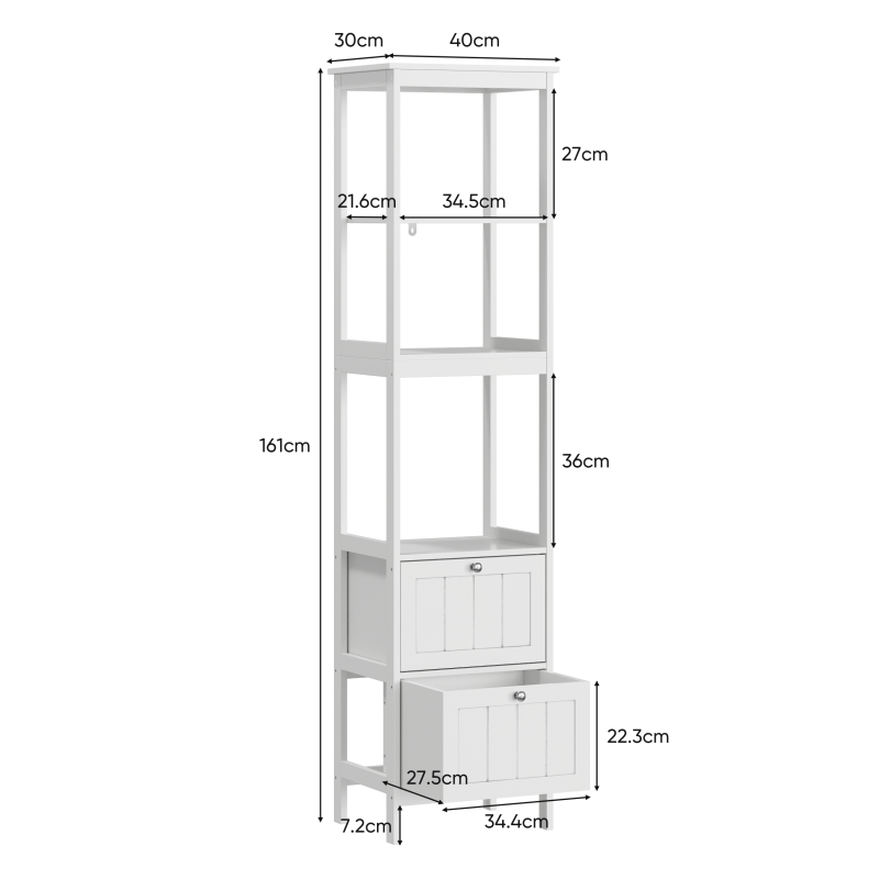 Slank Hoog Kastje – Smalle Opbergkast – Verticale Badkamerkast – Smal Meubel – Waskamer Rek – Wit MDF – 2 Lades & 3 Planken – Ruimtebesparend Ontwerp – Eenvoudige Montage
