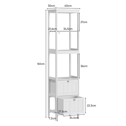Slank Hoog Kastje – Smalle Opbergkast – Verticale Badkamerkast – Smal Meubel – Waskamer Rek – Wit MDF – 2 Lades & 3 Planken – Ruimtebesparend Ontwerp – Eenvoudige Montage
