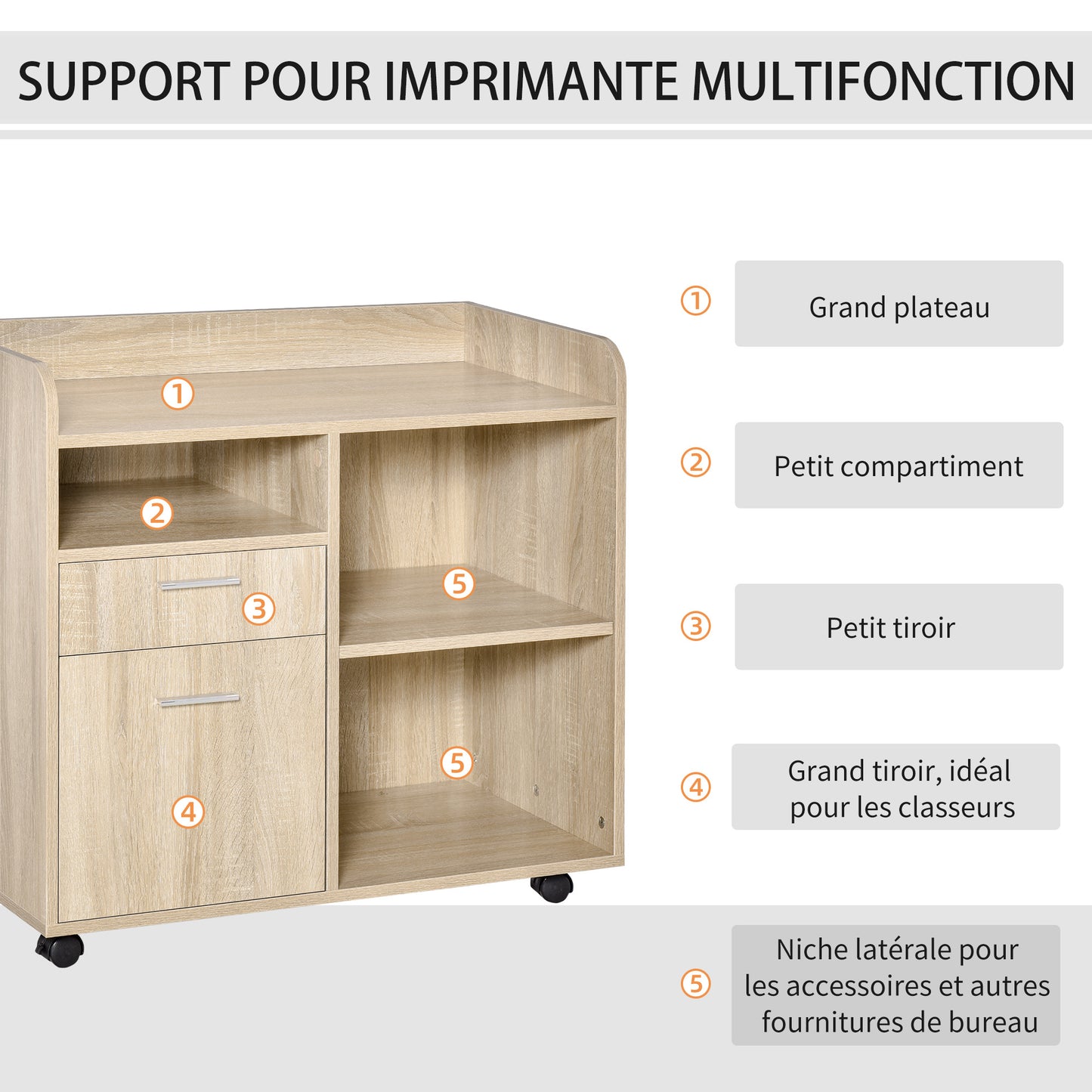 Rolwagen – Printerstandaard – Office Organizer – Mobiele Opberger – Bureauwagen – Licht Eikenhout – Verstelbare Plank – 80x40x72 cm
