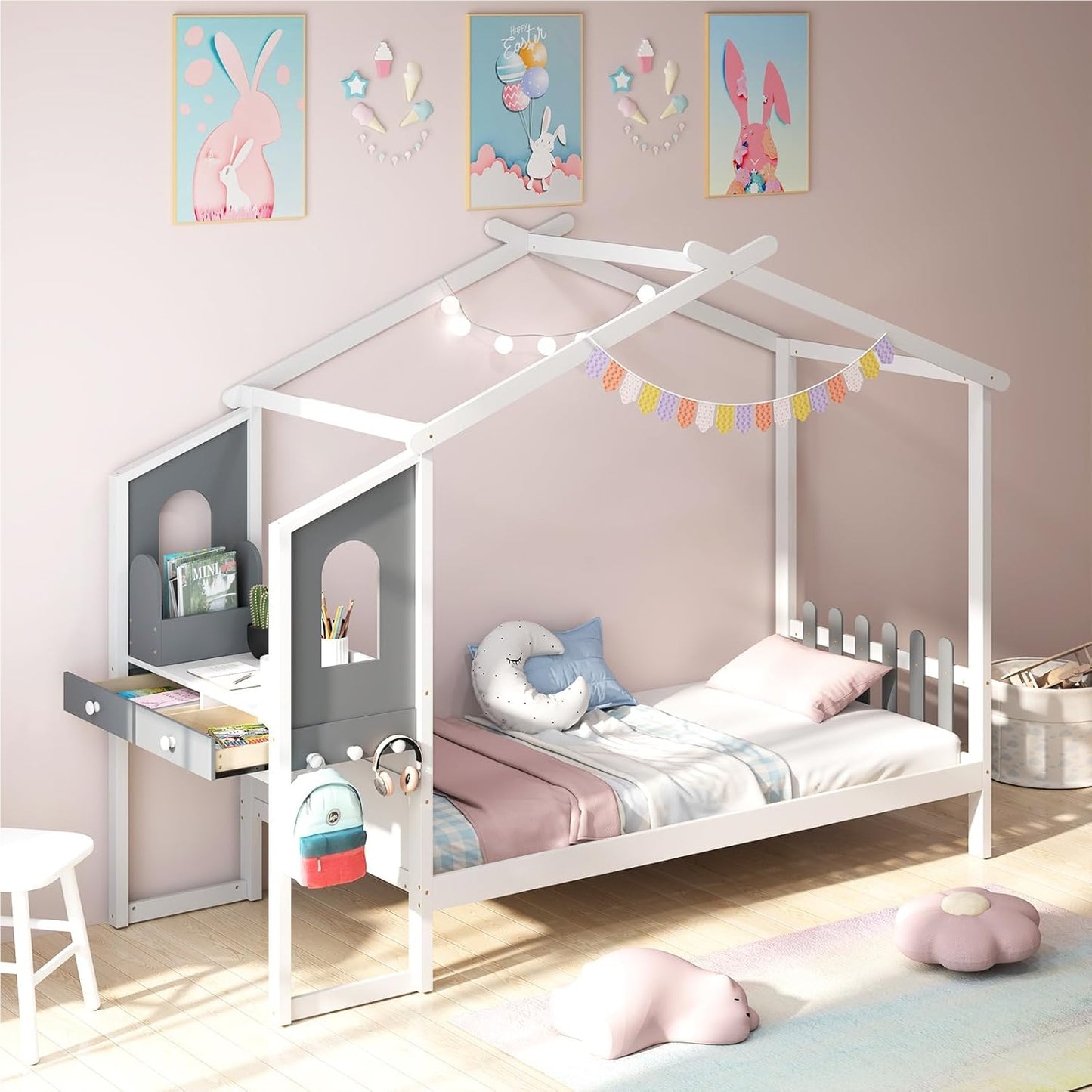 Huisbed – Kinderbed – Jeugdbed – Bed met Bureau – Bed met Laden – 90x200 cm – Houten Frame – Wit met Grijs