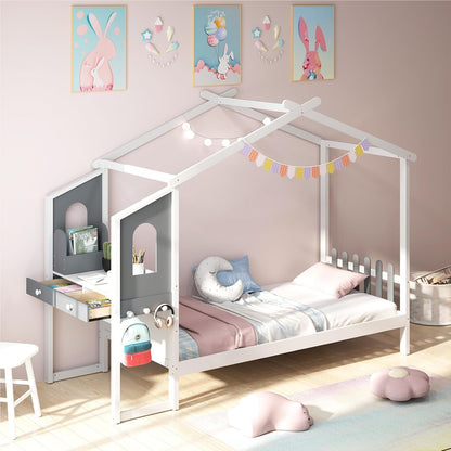 Huisbed – Kinderbed – Jeugdbed – Bed met Bureau – Bed met Laden – 90x200 cm – Houten Frame – Wit met Grijs