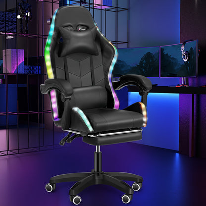 Black RGB Gaming Chair with Linkage Armrests, Foldable Base, Adjustable Height, Reclining Backrest, Footrest Support, Wooden Board Frame & Shaped Foam Cushion, Durable Nylon Base