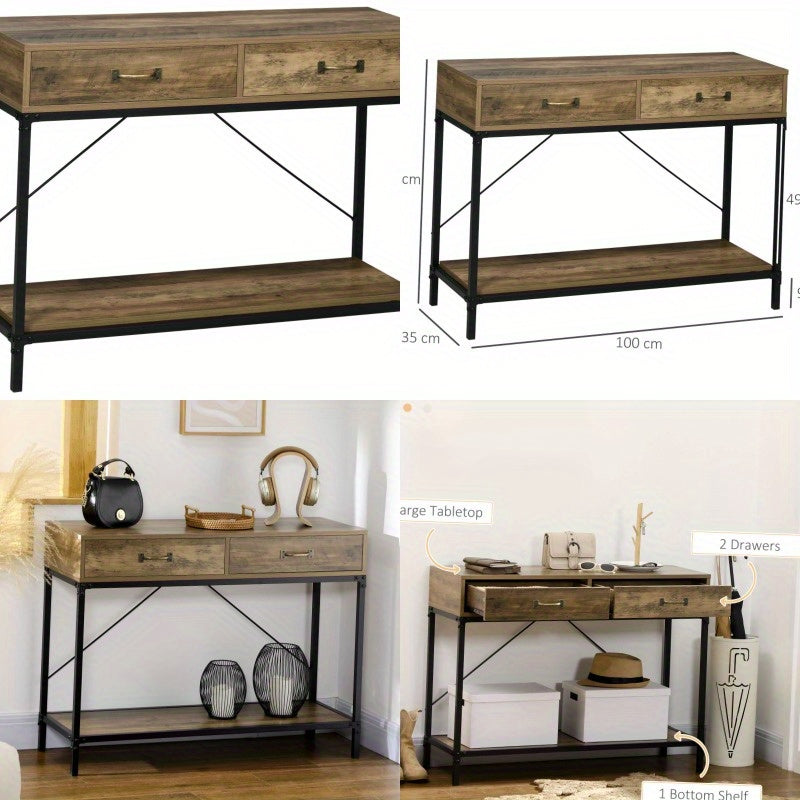 Sidetable – Consoletafel – Wandtafel – Haltafel – Dressoir – Vintage Bruin Zwart – 2 Lades – Compact 100x35x76,5 cm
