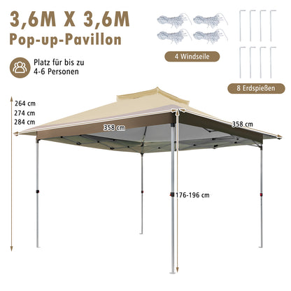 Pop-up Partytent – Vouwtent – Tuin Tent – Schaduw Tent – Evenemententent – 360 x 360 cm – Verstelbare Hoogte & Afneembare Muskietennetten