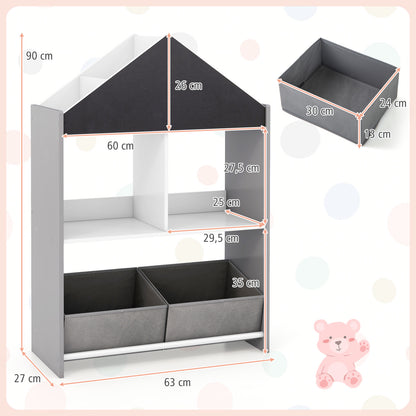 Kinderboekenkast – Kinderboekenrek – Speelgoedkast – Boekenplank – Opbergkast – MDF Hout – Krijtbord & Whiteboard – 4 Vakken & 2 Stoffen Lades – Kindvriendelijk 90 cm Hoog