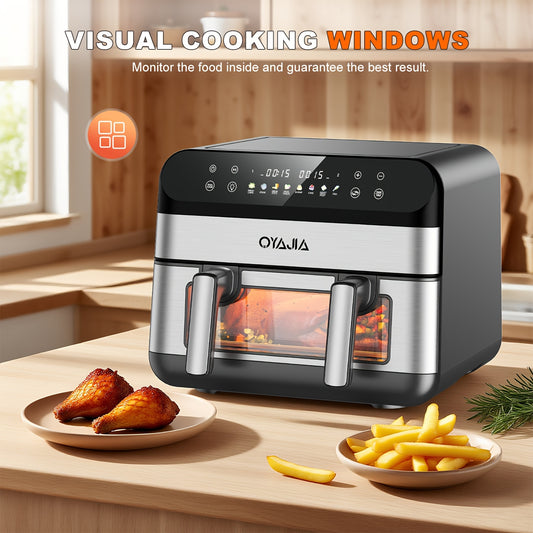 9L Dual Basket Air Fryer with Dual Cooking Zones (4.5L+4.5L Pots) - 2400W High-Power Fast Cooking, 8-in-1 Presets, Touchscreen & Visible, ABS & Suitable for, Gatherings, Restaurants