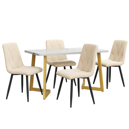 Eettafelset – Tafel met Stoelen – Eettafel en Stoelenset – Diningset – Beige Velvet Stoelen – 117×68×75 cm MDF Marmerlook Tafel – Gouden Metalen Poten