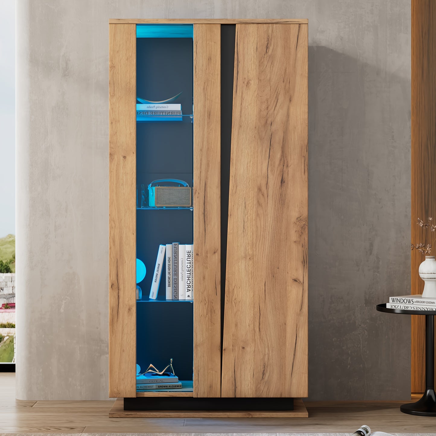 80x35x160cm Freestanding Display Cabinet with Glass Partition - 8 Shelves, 4 Compartments, Classic Wooden Finish, No Power Needed, Perfect for Living Room or Office Decor, Office Decor Cabinet | Modern Display Cabinet | Woode