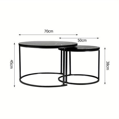 Nordic Salontafel – Woonkamer Tafel – Bijzettafel – Koffietafel – Set Van Twee – Zwart – Metalen Frame – Compact Formaat 45x45x70/38x38x50 cm