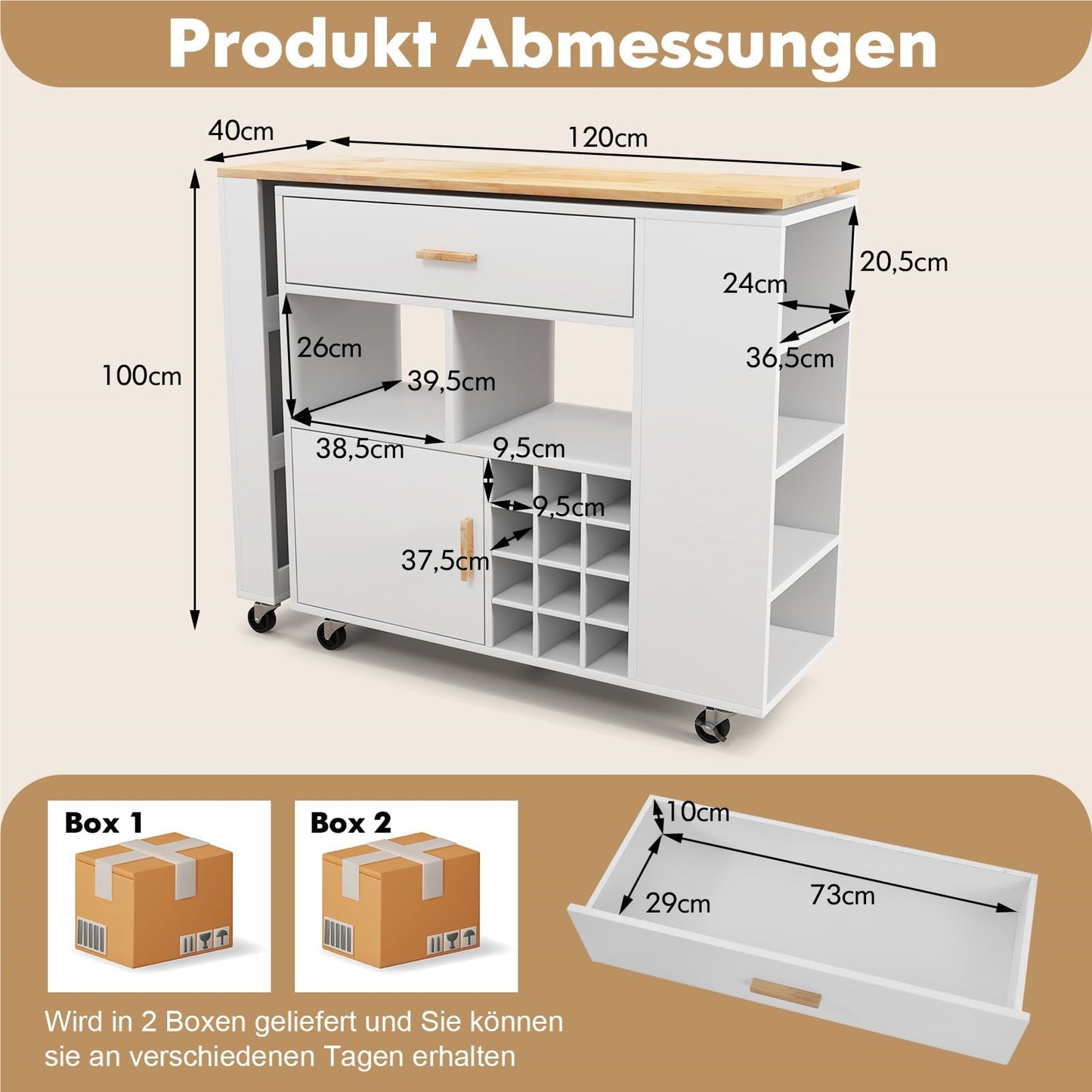 Keukentrolley – Keukenwagen – Keukenkar – Serveerwagen – Keukenmeubel – Wit – 2-in-1 Draaibaar Werkblad – Verstelbare Plank & Veel Opbergruimte