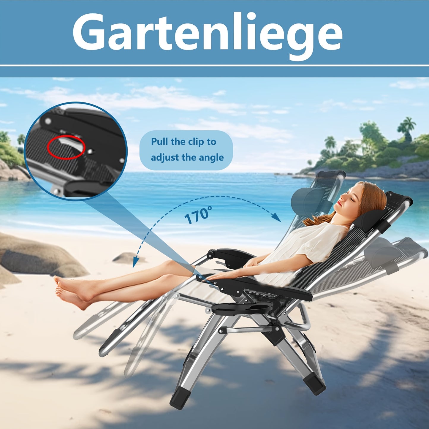 Folding deck chair with cushions, sun lounger for garden, terrace, beach and pool - Folding lounge chair with cushions, load capacity 200kg