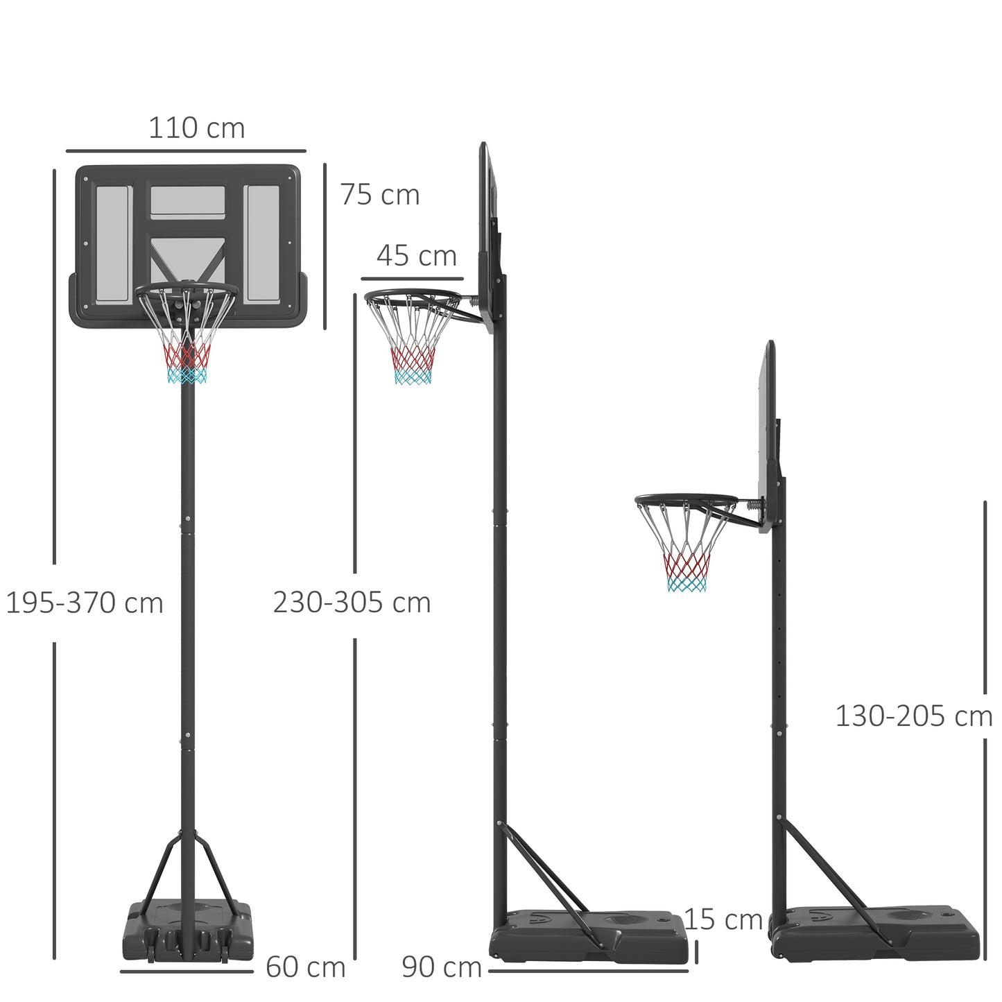 Basketbalbord – Basketbalstandaard – Basketbalring – Basketbalsysteem – Verstelbare Hoogte 230-305 cm – Met Wielen en Vulbare Voet – Weerbestendig Stalen Frame