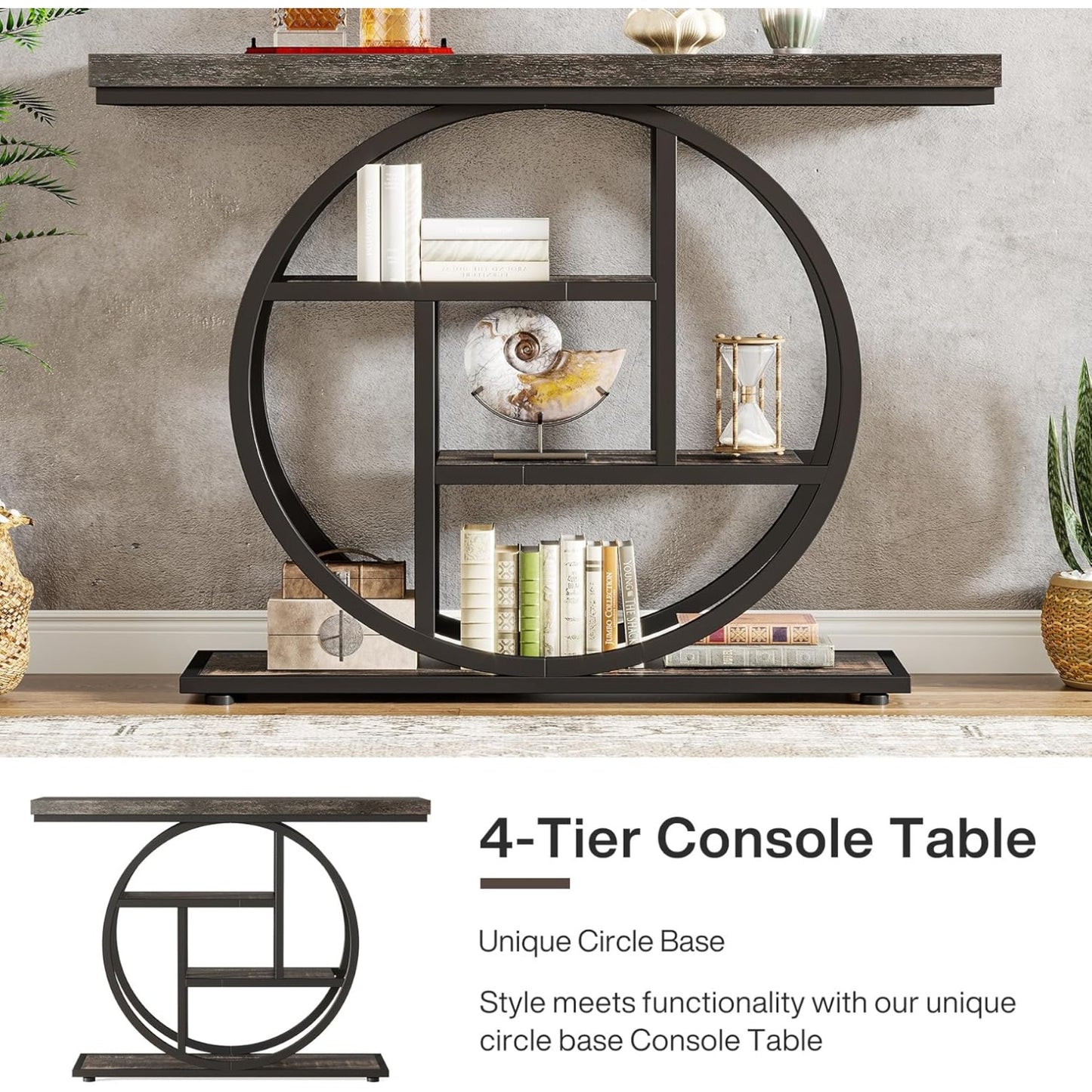 Consoletafel – Sidetable – Sofa Tafel – Haltafel – Accent Tafel – Industrieel Design – 41,3 Inch – Vier Ladeplanken – Hout Metaal – Charcoal Zwart