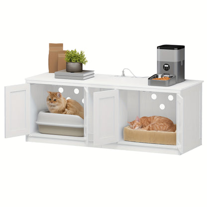 Cat Cabinet With USB Ports And Sockets, Cat Litter Box Cabinet, 140 Cm Hidden Cat Litter Box For 2 Cats, Indoor Cat House With Cat Bell, Brown-White