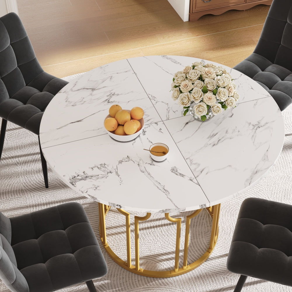 Eettafel – Ronde Tafel – Keukentafel – Woonkamertafel – Eetkamertafel – Marmeren Blad – Gouden Metalen Poten – 100 cm Diameter – Stijlvol Klassiek Design