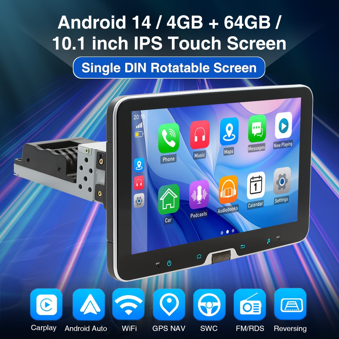 10,1 Inch Android Auto Stereo – Autoradio – Multimedia Speler – Navigatie Systeem – Handsfree Carkit – 4GB RAM 64GB Opslag – Draaibaar HD IPS Touchscreen – 4-LED Achteruitrijcamera inclusief
