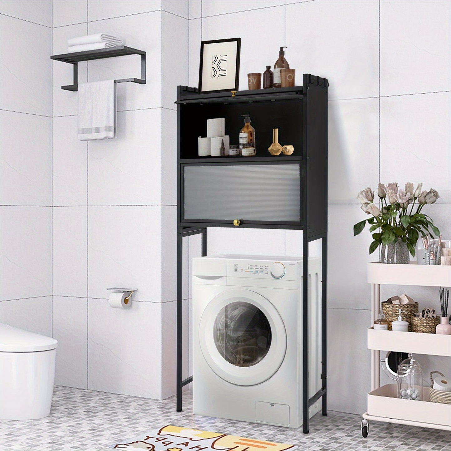 Wasmachine Kast – Wasruimte Kast – Opbergkast Wasmachine – Wasmachine Meubel – Vrijstaande Kast – Zwart Carbonstaal – 3 Planken & 6 Haken – 70x25x167 cm – Max. 50 kg Belastbaar