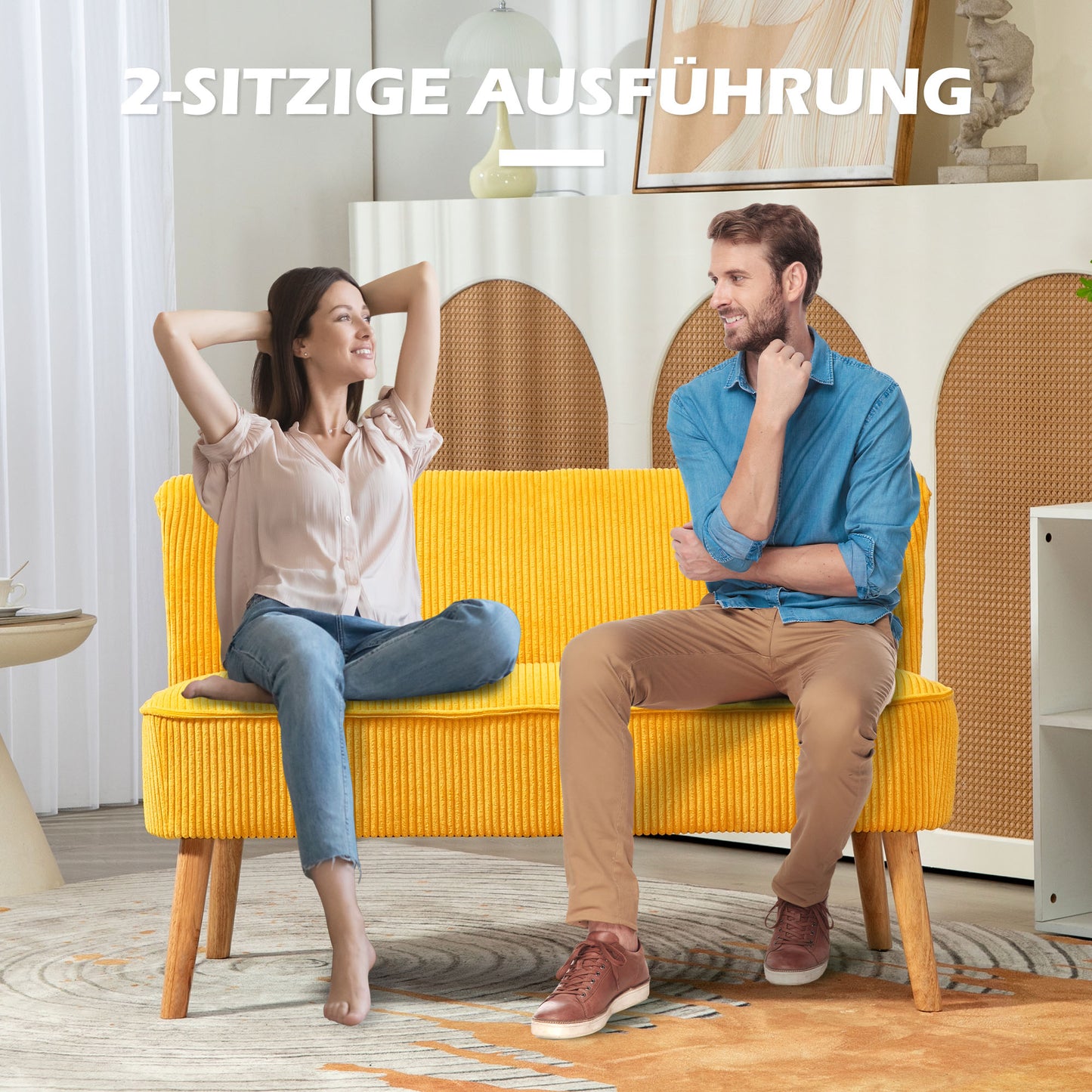 2-zits bank – tweezitsbank – loveseat – zitbank – sofa – Scandinavisch design – massief houten frame – draagkracht 150 kg – afmeting 117x56,5x77 cm – gele kleur