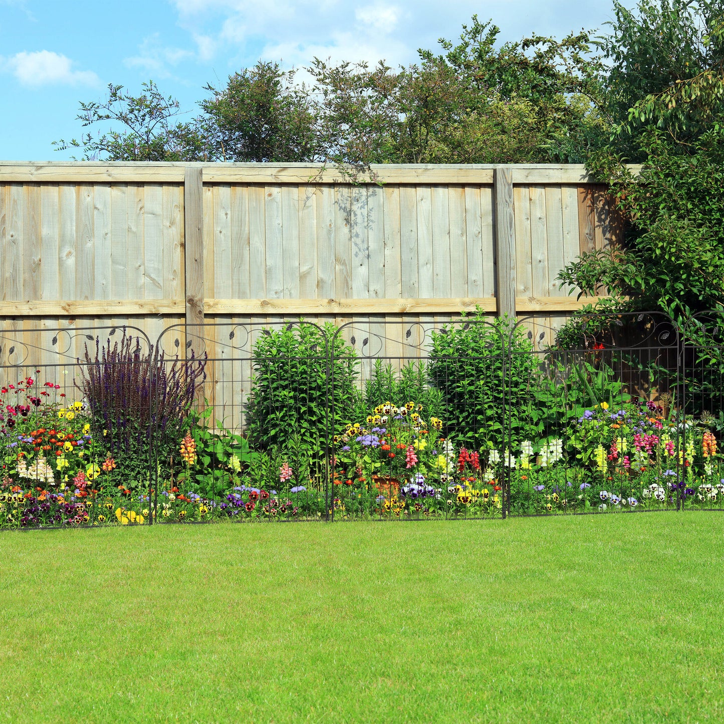 Tuinomheining – Tuinafscheiding – Tuinhek – Sieraad Voor Tuin – 4-Delige Set – Zwart Gecoat IJzer – 375 cm Lang