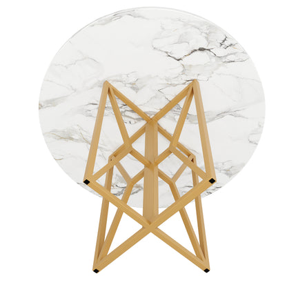 Ronde Eettafel – Tafeltje Rond – Ronde Tafel – Eetkamertafel Rond – Kleine Tafel – Luxe Marmerlook MDF Blad – Gouden Metalen Poot – 80x80x76 cm – Geschikt voor 4-6 Personen