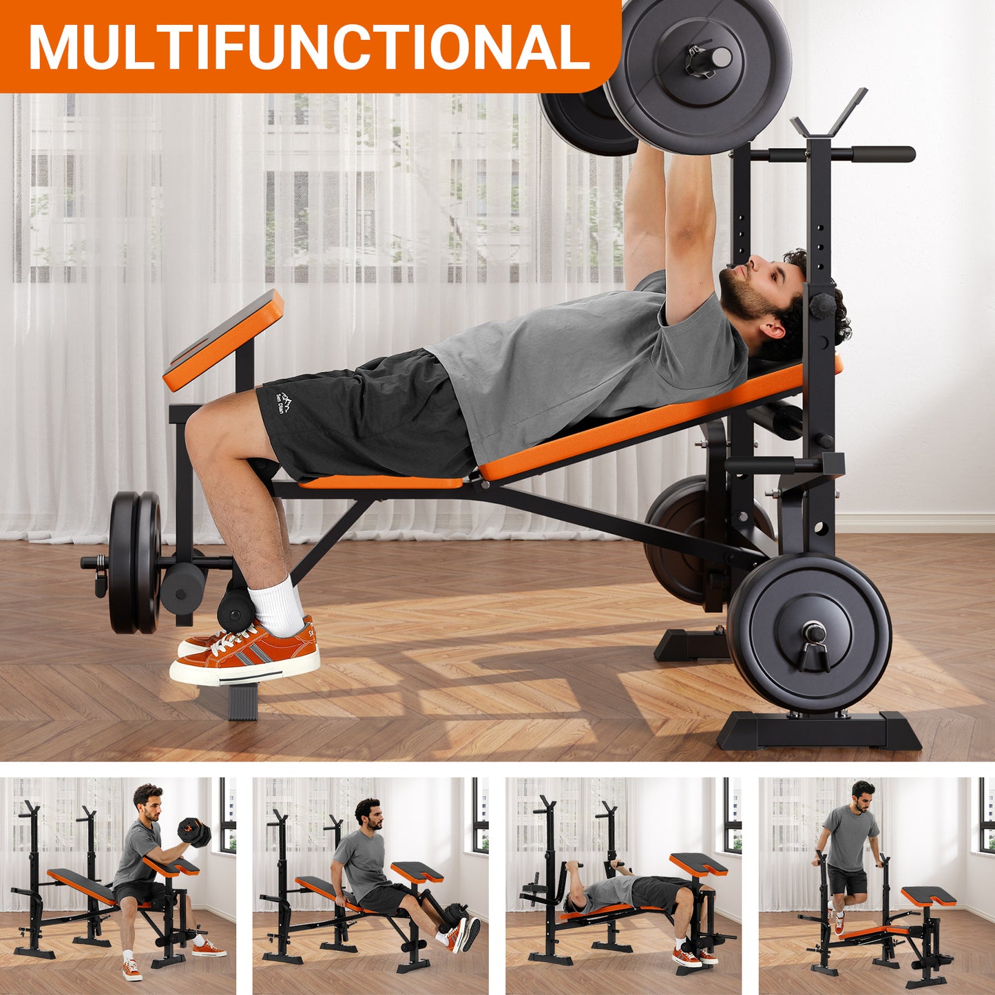 Bankdrukbank – Halterbank – Fitnessbank – Trainingsbank – Bench Press – Verstelbaar – Multifunctioneel Met Squat Rack & Leg Extension – Max. Belastbaar 150 kg