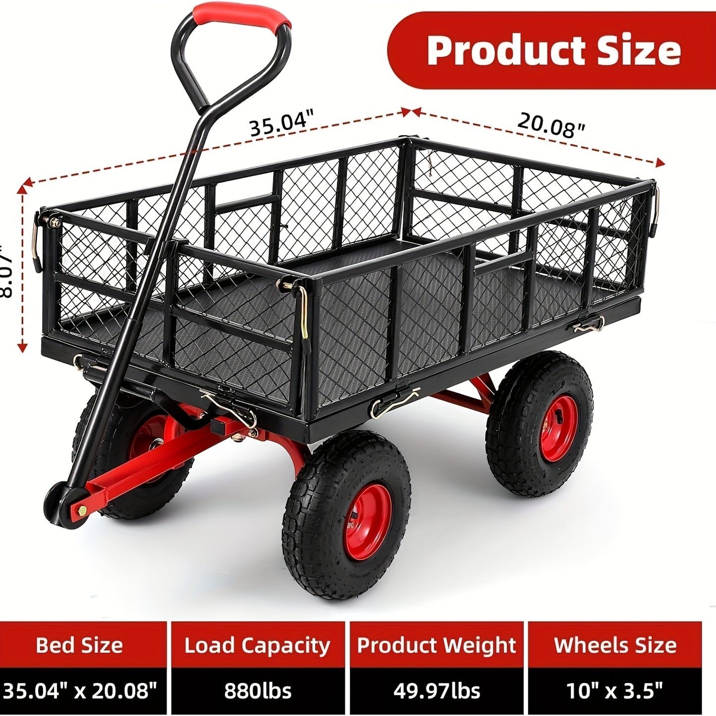 399.16 KG Capacity Heavy Duty Steel Garden Cart with 4 Removable Mesh Sides, 25.4cm All-Terrain Tires & 180° Rotating Handle - Foldable Utility Wagon with Steel Frame, 126.92cm Bed Length, Manual Operation for Lawn Care, Con