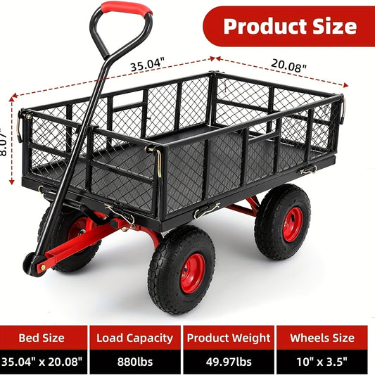 399.16 KG Capacity Heavy Duty Steel Garden Cart with 4 Removable Mesh Sides, 25.4cm All-Terrain Tires & 180° Rotating Handle - Foldable Utility Wagon with Steel Frame, 126.92cm Bed Length, Manual Operation for Lawn Care, Con