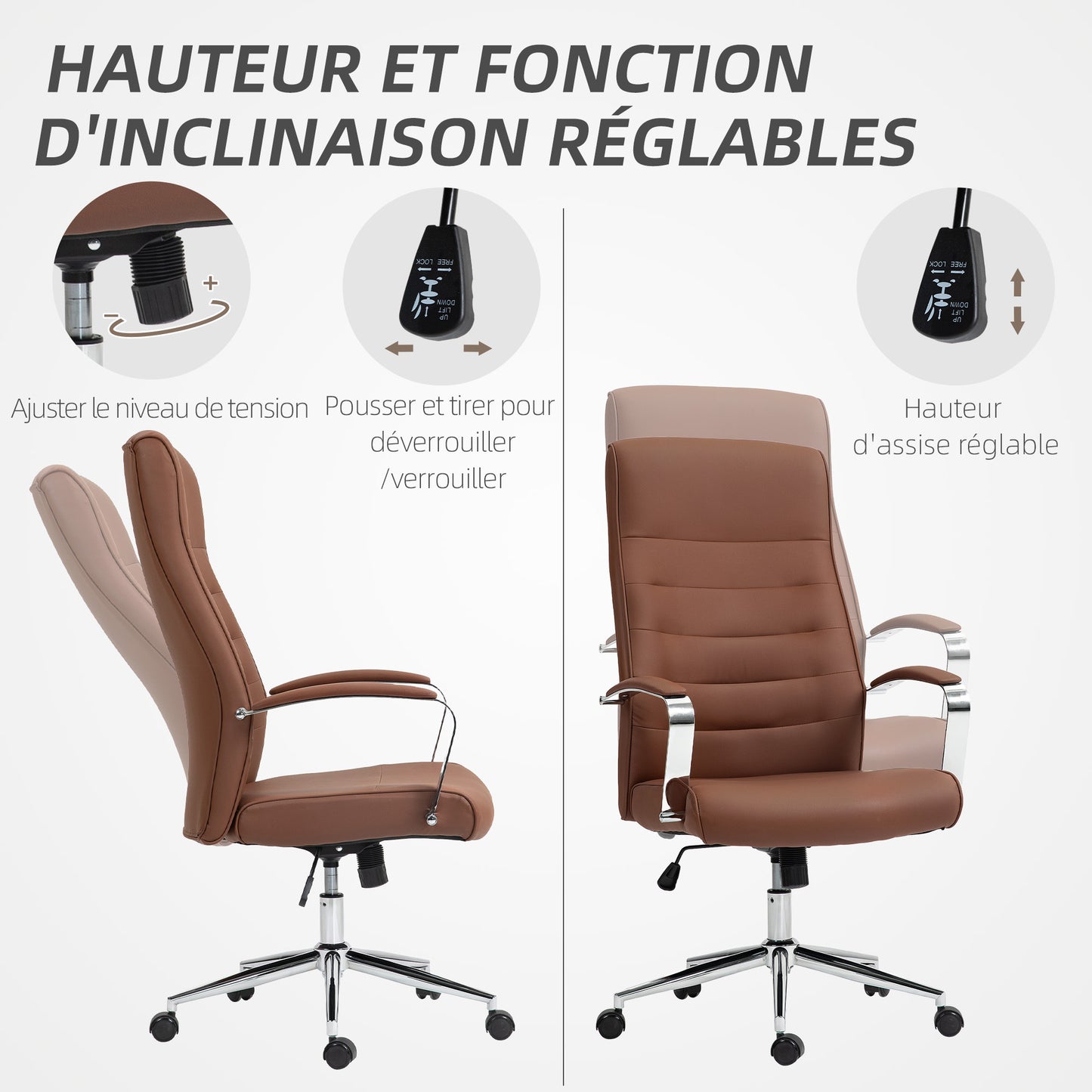 Ergonomische Bureaustoel – Kantoorstoel – Werkstoel – Draaistoel – Computestoel – Verstelbare Hoogte – Kantelfunctie – Hoge Rugleuning – Donkerbruin – Max 120 Kg Belastbaar