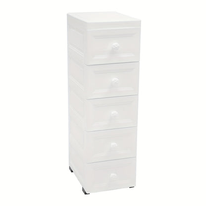 Ladenkast – Ladekast – Kommode – Opbergkast – Dressoir – Modern – 5 Lades – Wieltjes – Wit – Kunststof – Compact 25x34x82 cm
