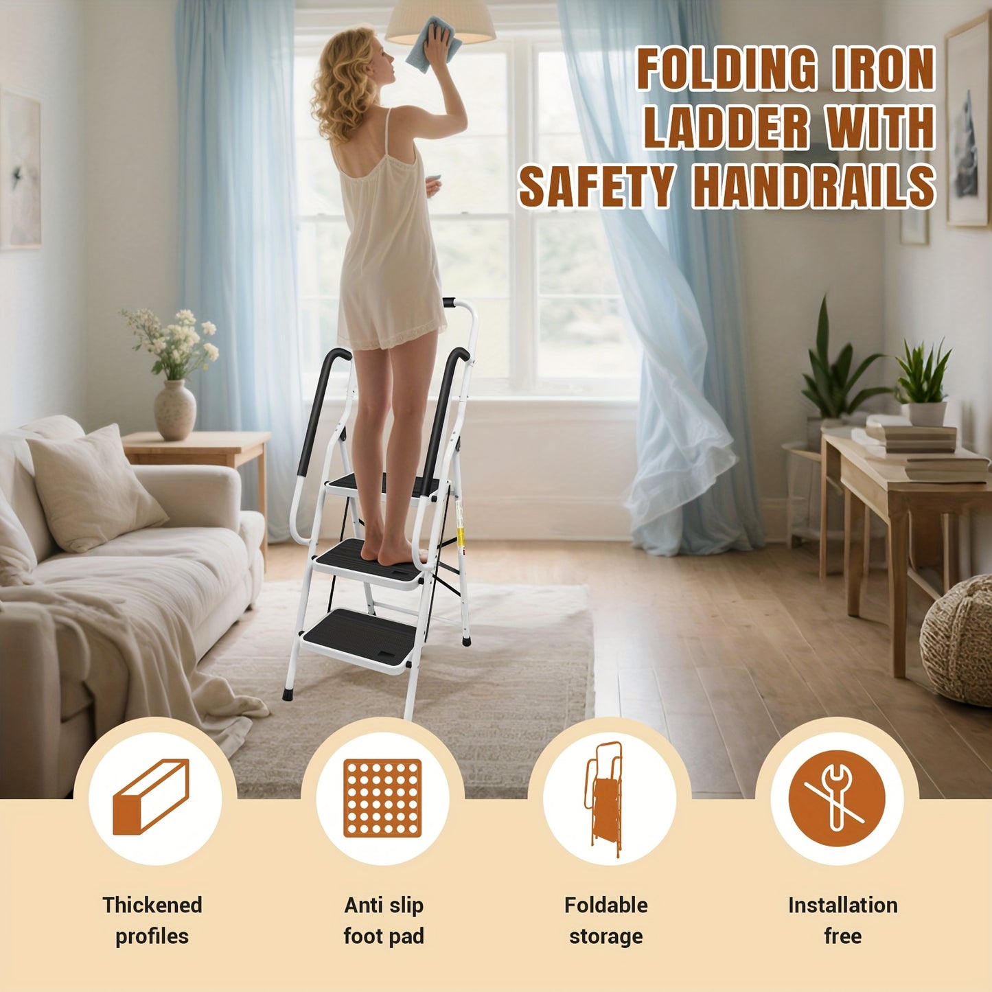 3-Traps Ladder – Opvouwbare Ladder – Steigertrap – Trapladder – Opstapladder – Veiligheidshandgreep – Antislip Voeten – Stalen Constructie – Max. Draaggewicht 150 kg