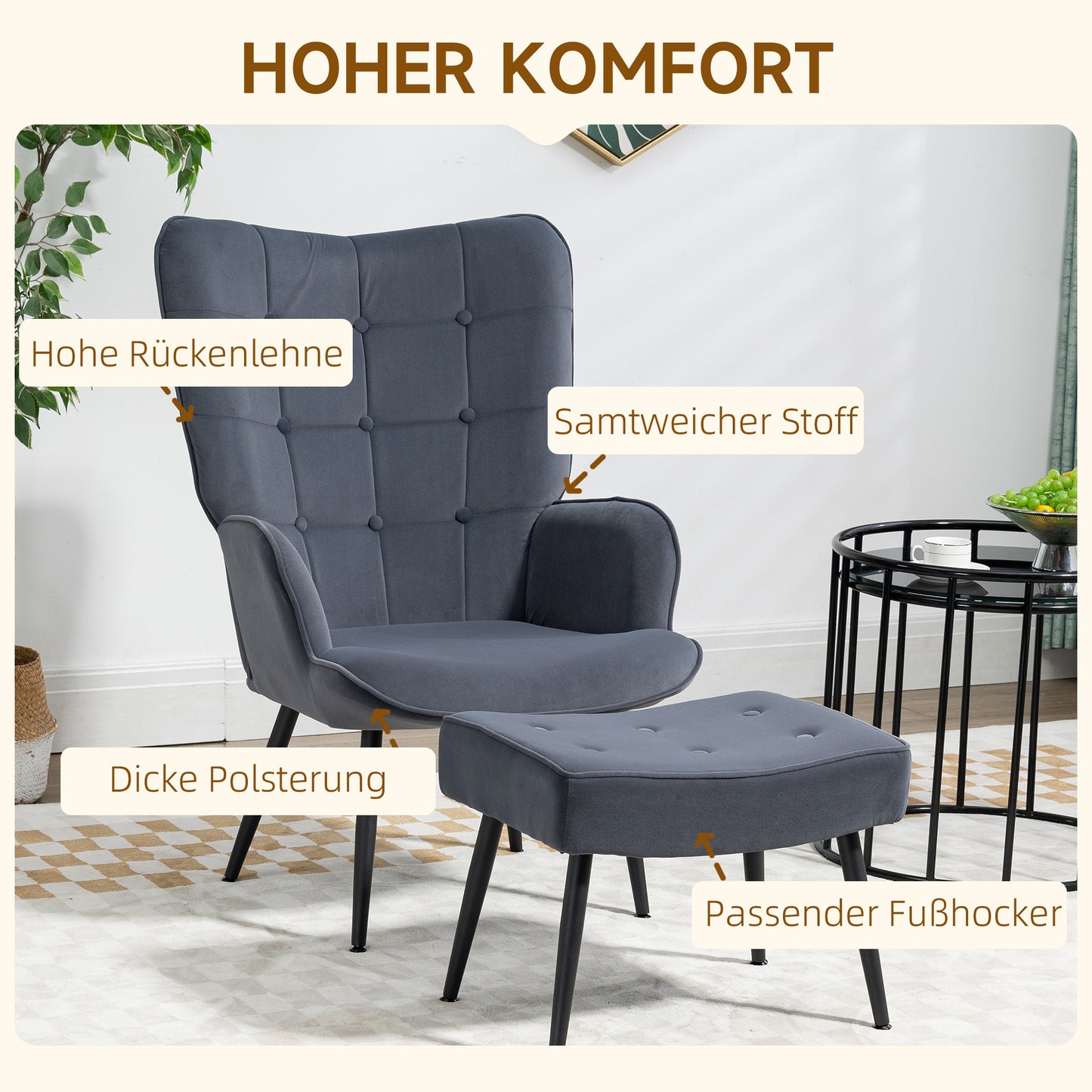 Fauteuil Met Ottoman – Relaxstoel – Zetel – Lounge Stoel – Leunstoel – Donkergrijs – Button-Tufted Bekleding – Draagkracht 120 Kg
