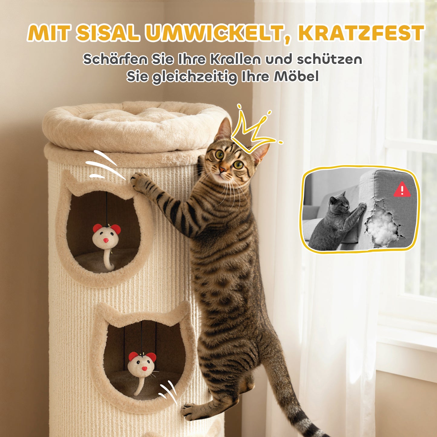 Krabpaal voor Katten – Krabboom – Kattenpaal – Kattenmeubel – Krabtoren – 4 Niveaus met Wasbaar Bed – 3 Slaapholletjes – Grijs – 96 cm – Voor Meerdere Katten