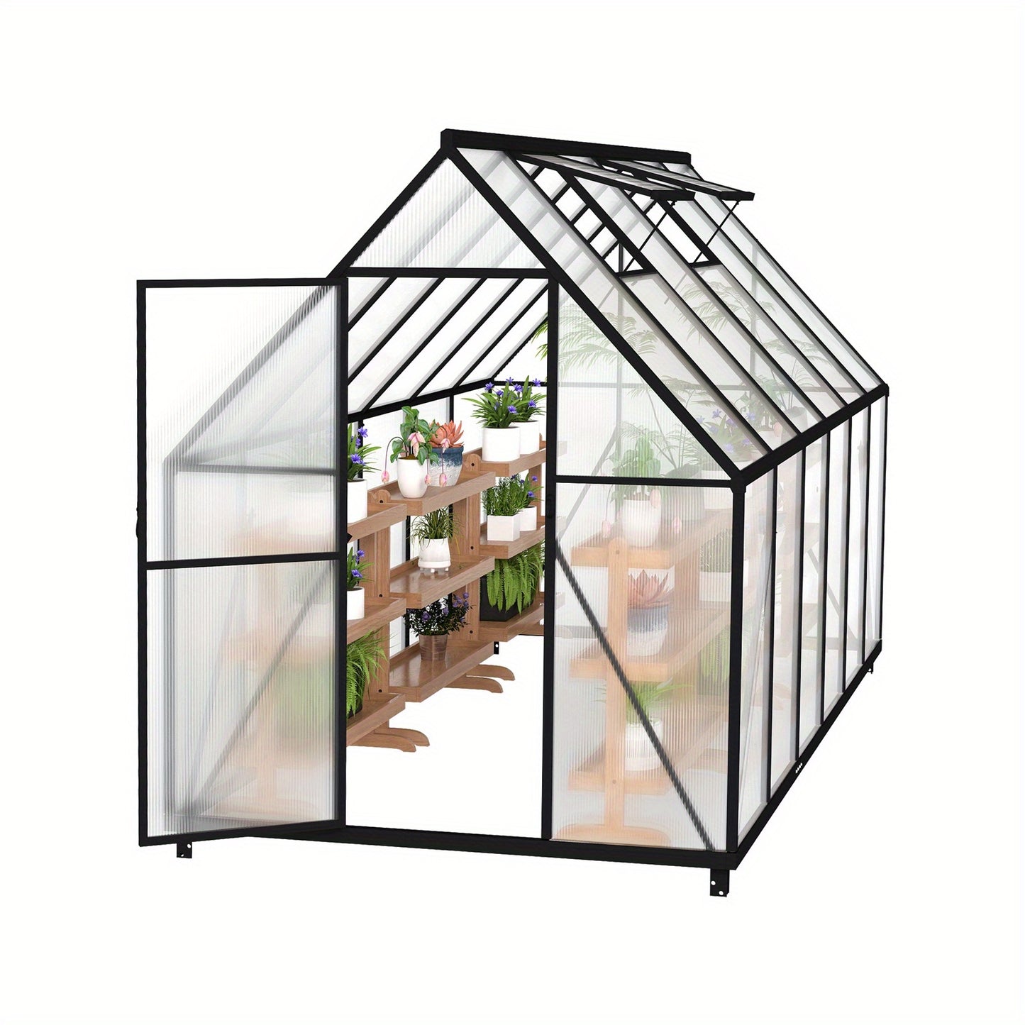 Kas – Serre – Plantenhuis – Tuinkas – Broeikas – Aluminium Frame – Verzinkte Stalen Fundering – Schuifdeur & Dakraam – 340x180x195 cm – 4 mm Polycarbonaat – Weerbestendig & Duurzaam - QUORE