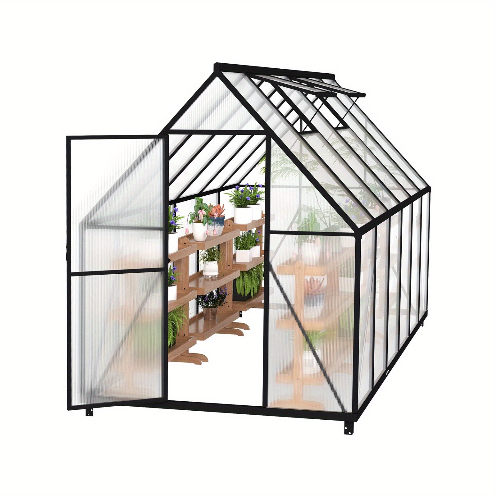 Kas – Serre – Plantenhuis – Tuinkas – Broeikas – Aluminium Frame – Verzinkte Stalen Fundering – Schuifdeur & Dakraam – 340x180x195 cm – 4 mm Polycarbonaat – Weerbestendig & Duurzaam - QUORE