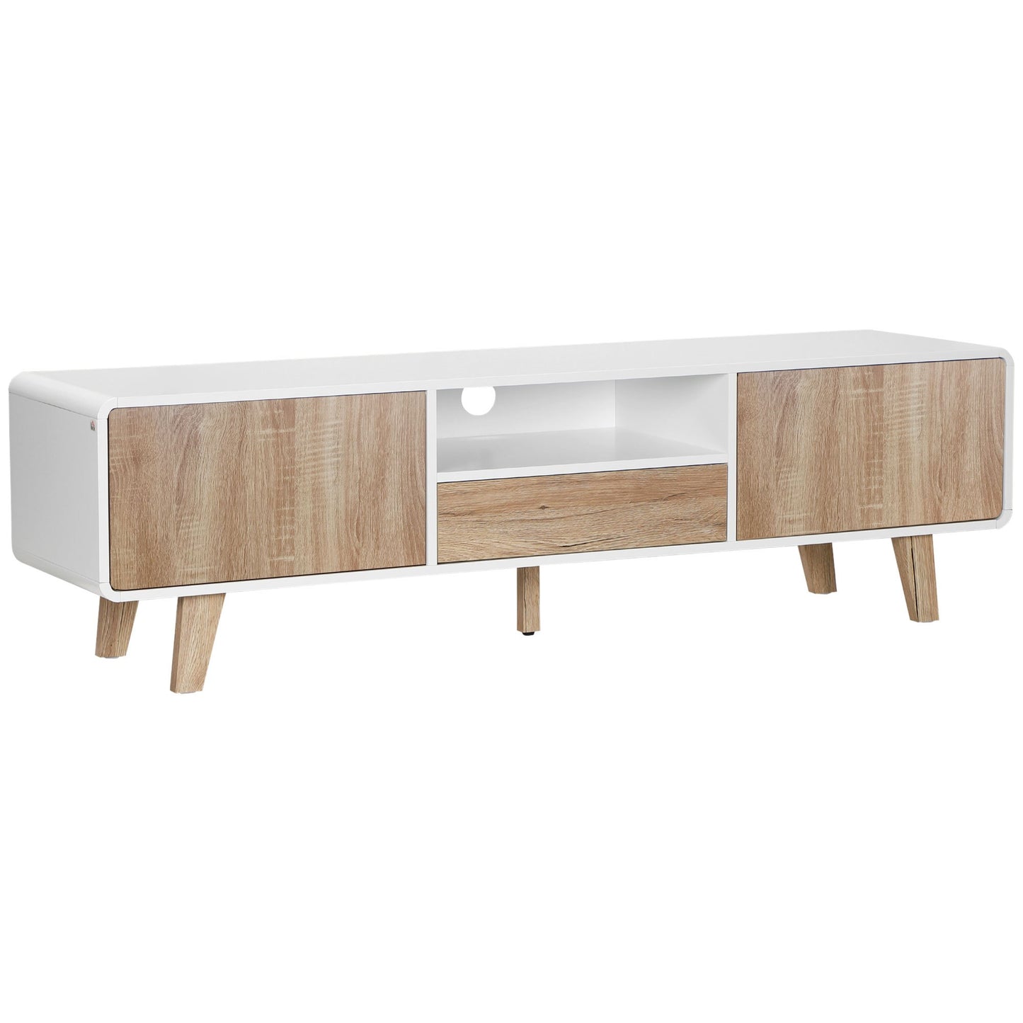 Tv-meubel – TV-kast – Tv-standaard – Tv-dressoir – Lowboard – Scandinavisch design – MDF wit met licht eiken – 2 deuren en lade