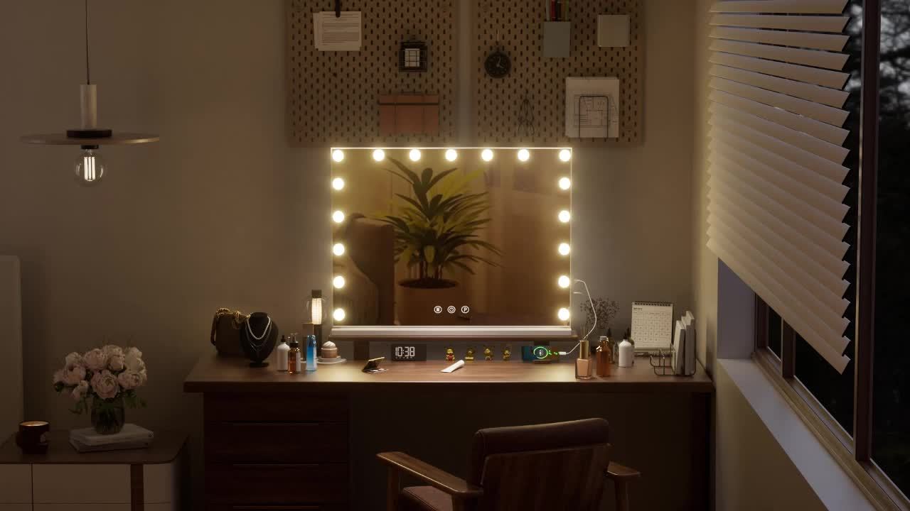 Make-up Spiegel – Beauty Spiegel – Verlichte Spiegel – Vergrotende Spiegel – USB Spiegel – 18 Dimbare Lampen – 10x Vergroting – Wit Metalen Frame – 80x60 cm