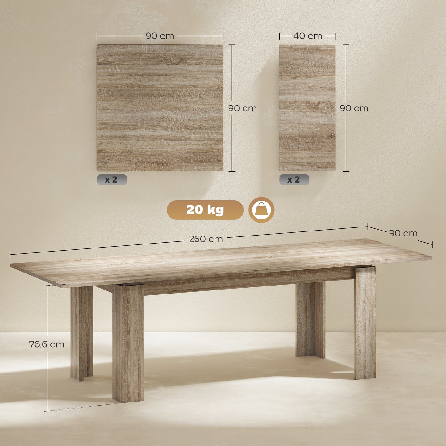 Uitschuifbare Eettafel – Eikenhouten Tafel – Eettafel Verlengbaar – Uitklapbare Tafel – Houten Eettafel – Van 180 Tot 260 cm – Geschikt Voor 6 Tot 10 Personen