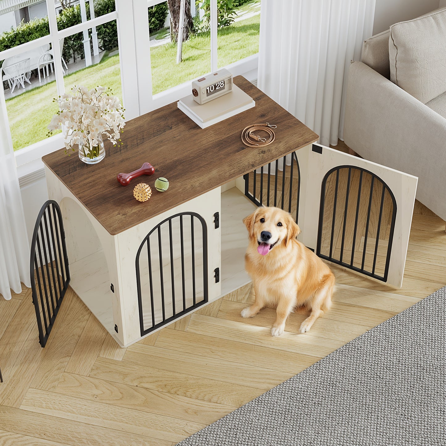 Hondenbench – Hondenkooi – Huisdierbench – Hondenkooi Meubels – Hondenkooi Indoor – 3 Deuren Met Bogen – Zwaar Metalen Frame 108x64x76 cm Wit Bruin