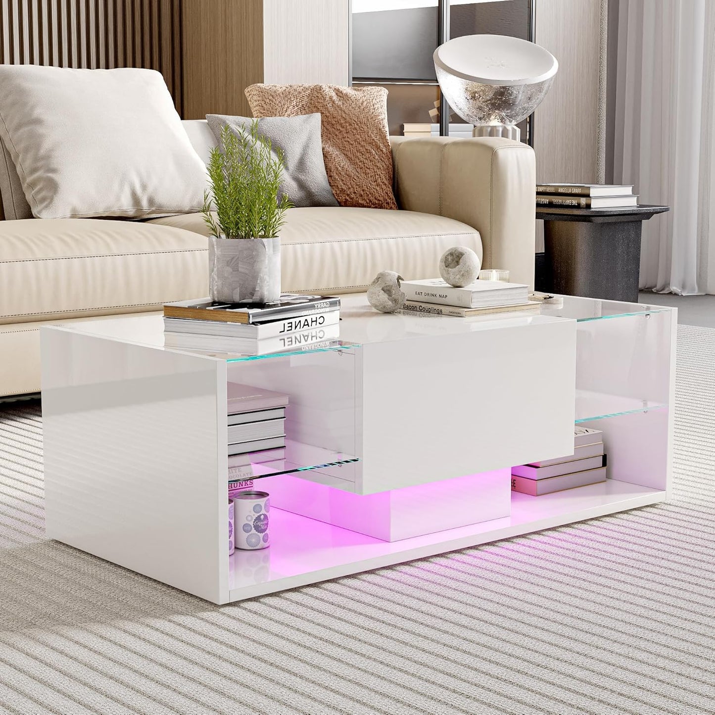 Salontafel – Woonkamertafel – Koffietafel – Tafel met Opbergruimte – LED Salontafel Wit – 100x50x35 cm – MDF en Glas Hoogglans