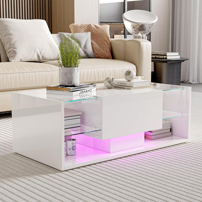 Salontafel – Woonkamertafel – Koffietafel – Tafel met Opbergruimte – LED Salontafel Wit – 100x50x35 cm – MDF en Glas Hoogglans