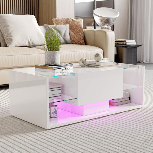 Salontafel – Woonkamertafel – Koffietafel – Tafel met Opbergruimte – LED Salontafel Wit – 100x50x35 cm – MDF en Glas Hoogglans