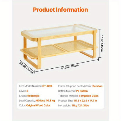 Rattan Salontafel – Rotan Tafel – Lounge Tafel – Woonkamer Tafel – Houten Salontafel – Rechthoekig Twee Niveaus – Natuurlijk Materiaal – Modern Design