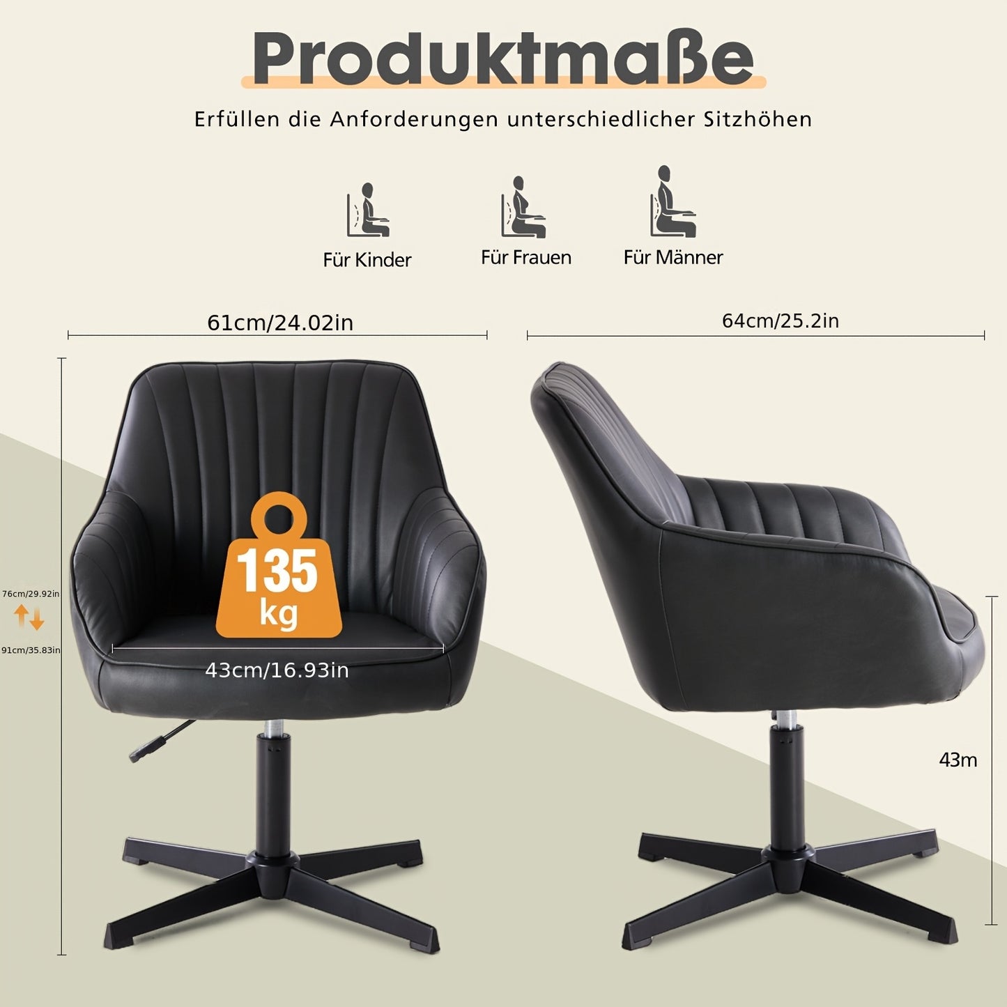 Bureaustoel – Werkstoel – Kantoorstoel – Studiekamerstoel – Draaistoel – Verstelbare Hoogte – Ergonomische Lendensteun – Stevig Metalen Frame – Max 135 Kg